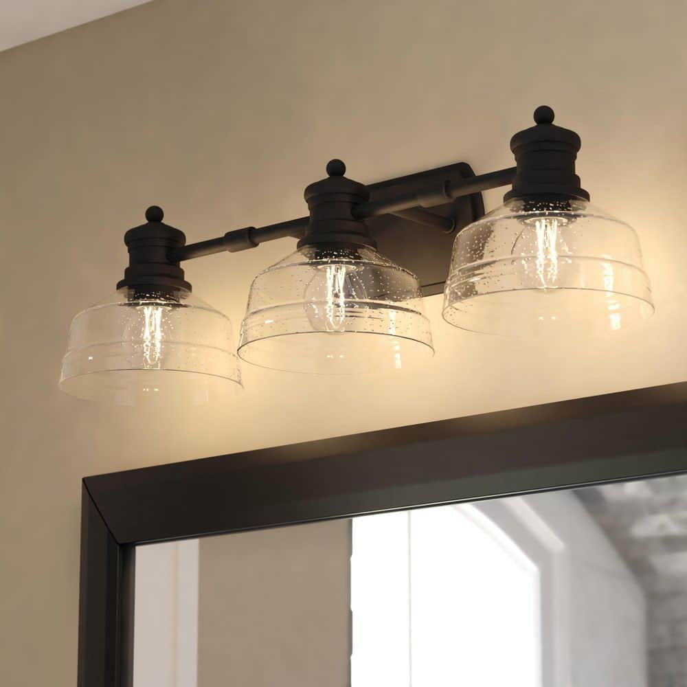 Beloit 25.5 in. 3-Light Matte Black Farmhouse Bathroom Vanity Light Fixture Clear Seeded Glass Shade, Dimmable price history on PriceWatchPro