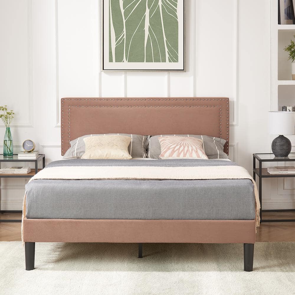 VECELO Upholstered Bed Brown Metal Frame Queen Platform Bed With ...