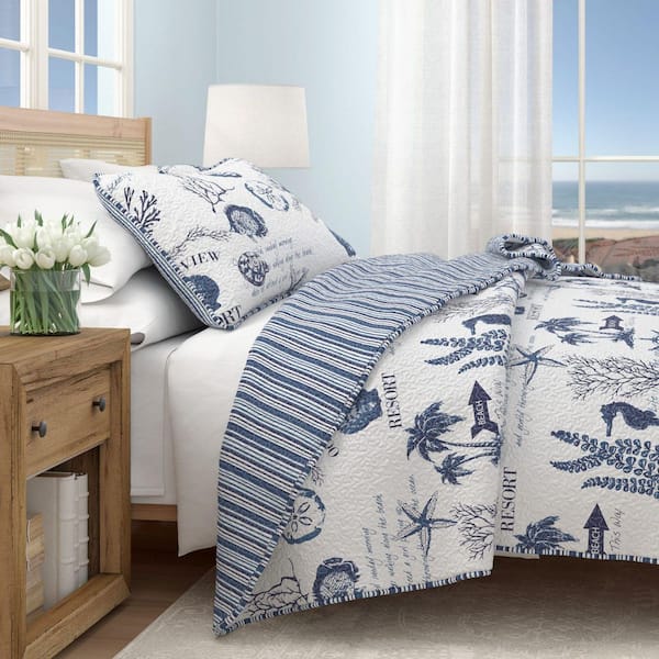 FRESHFOLDS Blue Nautical Coastal Themed King Microrfiber 3-Piece Quilt Set Bedspread