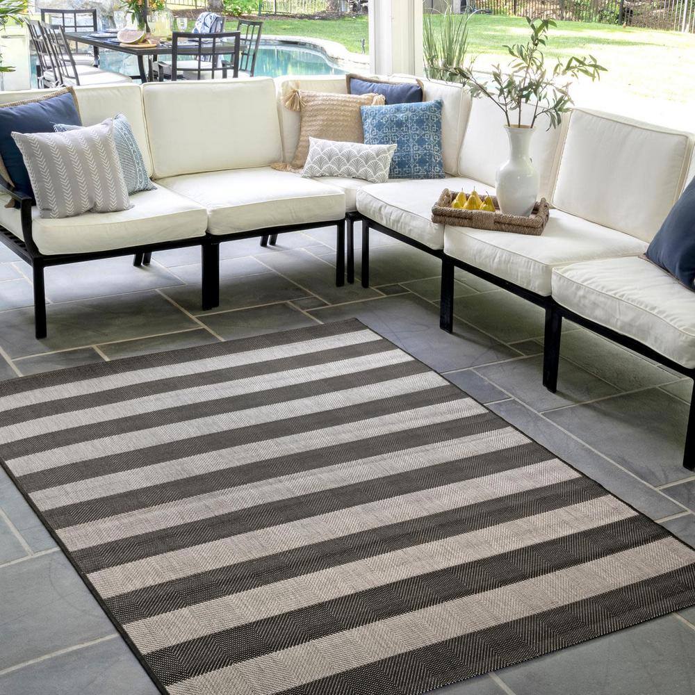 Alexis Black and Gray Striped 3' x 5' Outdoor Area Rug