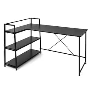 59 in. Black Reversible L Shaped Computer Desk Corner Workstation with 3-Tier Open Shelf