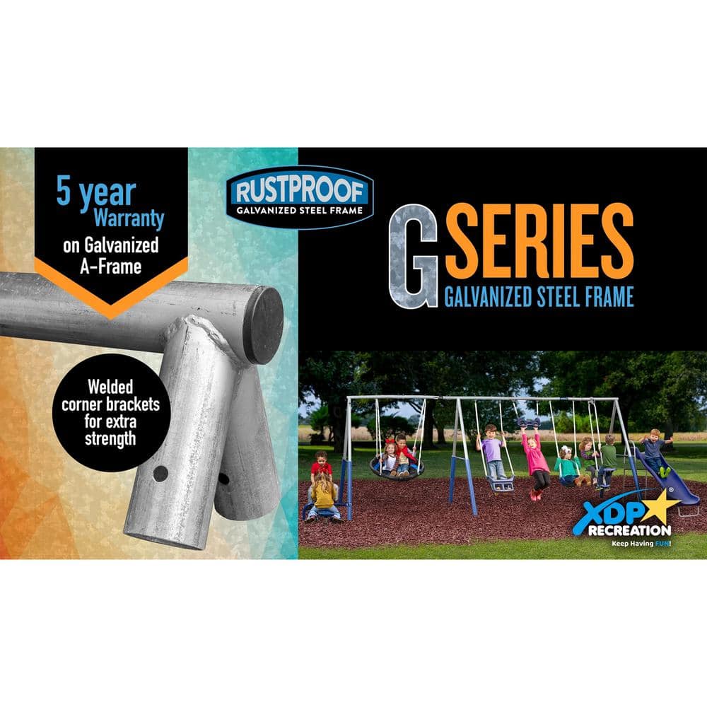 XDP Recreation Fun All Mighty Blue and Silver Metal Swing Set with Slide and Multiple Swings