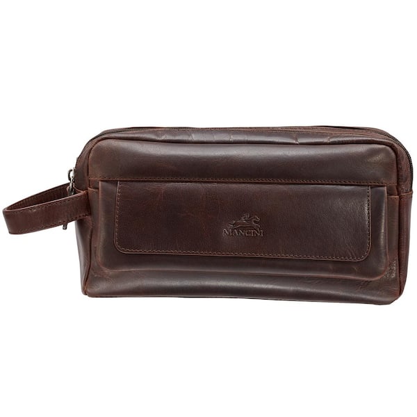 MANCINI Buffalo Collection Brown Leather Double Compartment Top Zipper Toiletry Kit