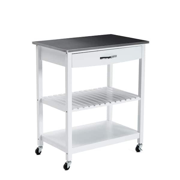 Boraam Holland White Kitchen Cart with Stainless Steel Top