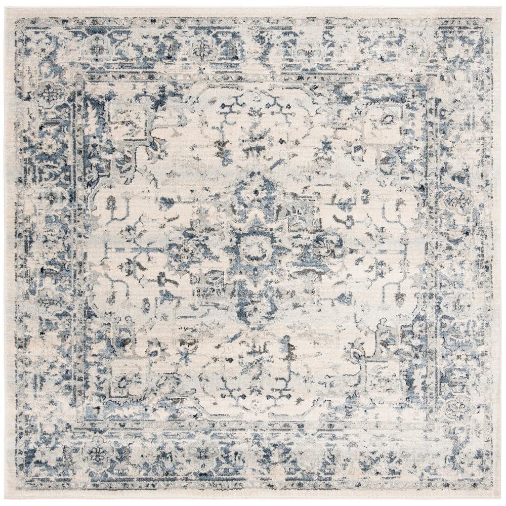 Charleston Ivory and Navy Synthetic Square Area Rug, 10 ft x 10 ft