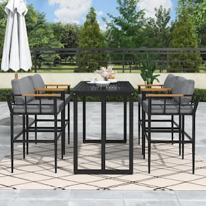 5-Piece Black Metal Outdoor Dining Set with Gray Cushions and Acacia Wood Armrest