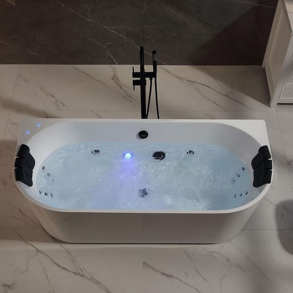 71 in. x 31.5 in. Center Drain Freestanding Whirlpool Bathtub Hydrotherapy Lighted Bath-18 Black Jets in White