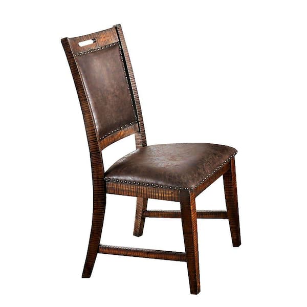 Benjara Brown Leatherette Wooden Side Chair with Nailhead Trims (Set of 2)