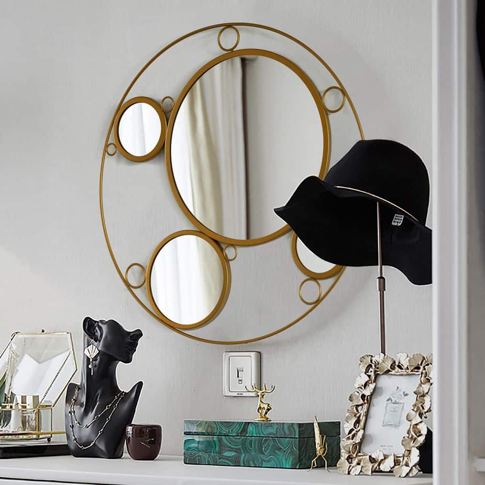 Gold Round Metal Frame Wall Mirror with Glass Balls