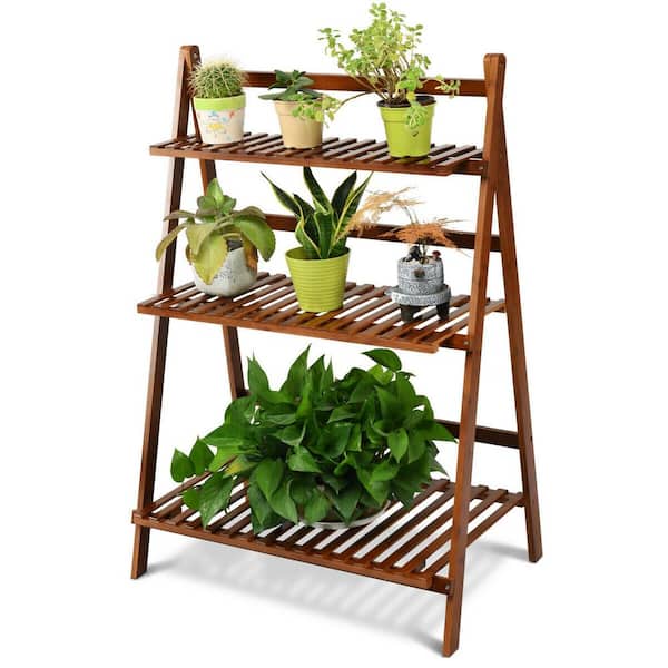 3 Tiers Brown Bamboo Wood Specialty Plant Stand Shelf with Foldable Design Indoor/Outdoor (28 in. H W x 37 in. H)