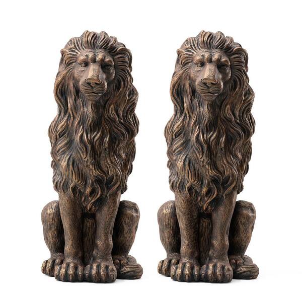 Glitzhome Guardian Lion Statue Set - 21" Bronze MgO Garden Sculpture - Set Of 2