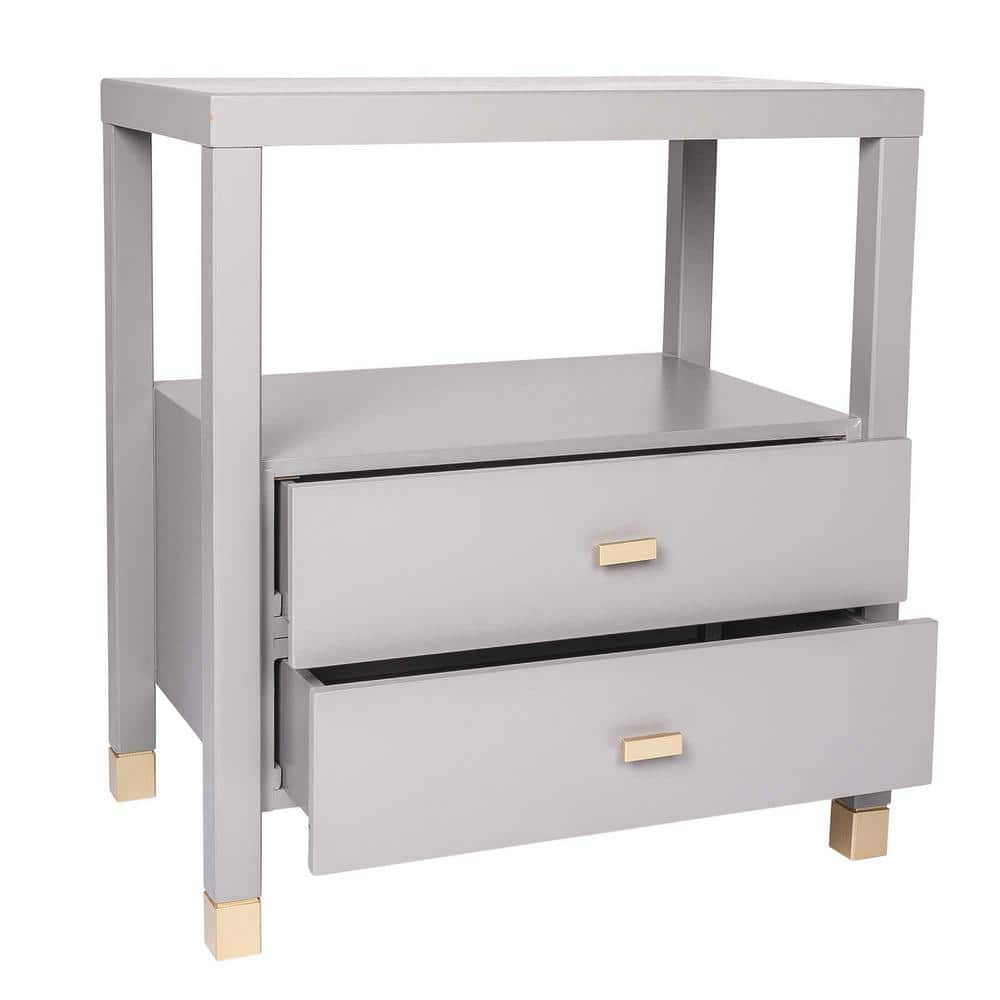 Gray Solid Wood 2-Drawer Nightstand with Shelf