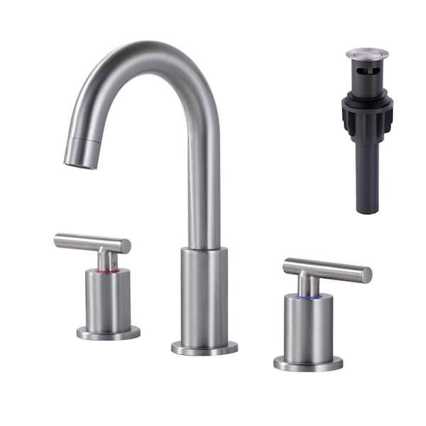 ALEASHA 8 in. Widespread Double-Handle High Arc Bathroom Faucet with Drain Kit Included in Brushed Nickel