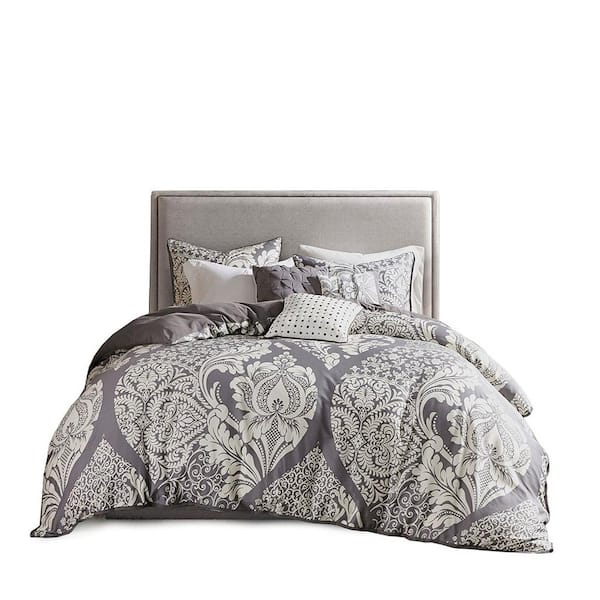 6-Piece Gray Damask Design Printed Polyester Full/Queen Duvet Cover Set