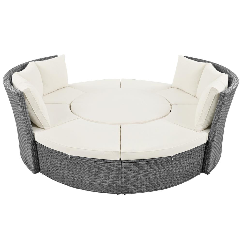 5-Piece Wicker Patio Conversation Set with Round Liftable Table Day Bed wit