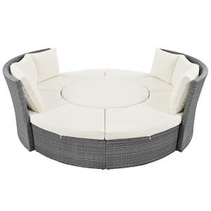 5-Piece Wicker Patio Conversation Set with Round Liftable Table Day Bed with Washable Cushions Beige Cushions