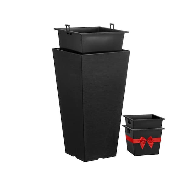 Set of 2-22 in. Tall Outdoor Planters, Black Tapered Square with Built-in Drainage, Modern Design