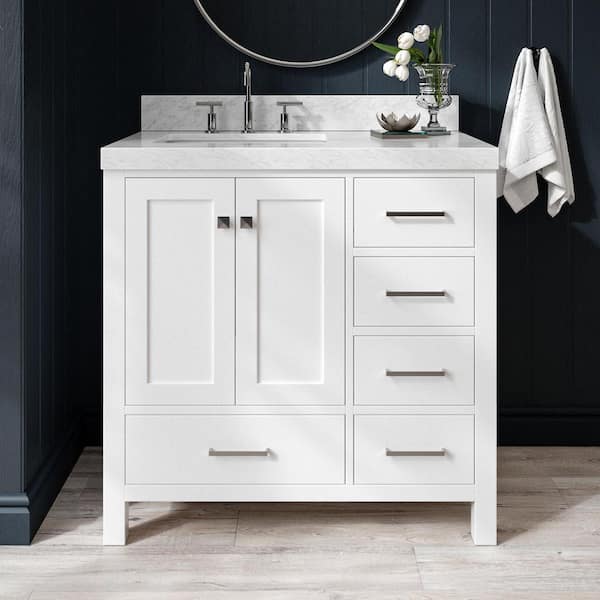 Cambridge 36 in. Single Sink Freestanding Bathroom Vanity in White with Carrara White Marble Top