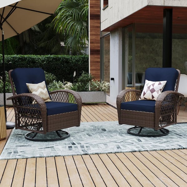 UPHA Brown Wicker Patio Outdoor Rocking Chair with Navy Blue Cushion (Set of 2)