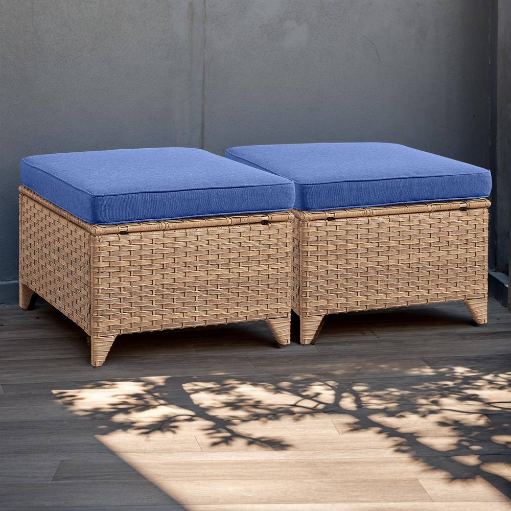 Yellow Wicker Outdoor Ottoman with Blue Cushions (2-Pack)
