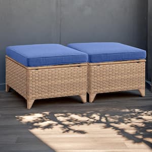 Yellow Wicker Outdoor Ottoman with Blue Cushions (2-Pack)