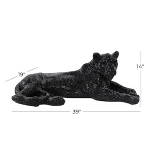 Black Polystone Floor Leopard Sculpture with Carved Faceted Diamond Exterior