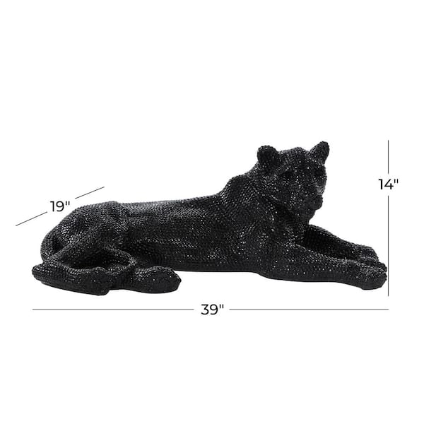 Black Polystone Floor Laying Leopard Sculpture with Carved Faceted Diamond Exterior