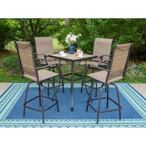 Black 5-Piece Metal Square Outdoor Patio Bar Set with Wood-Look Bar Table and Padded Swivel Bistro Chairs