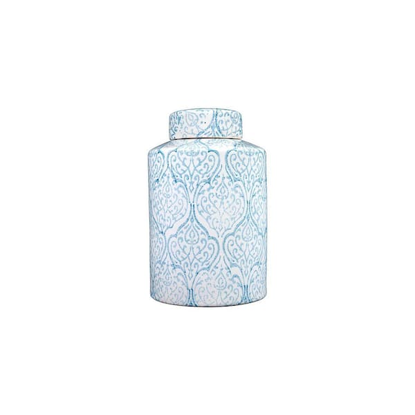 13 in. H Decorative Ceramic Ginger Jar with Lid in Blue and White