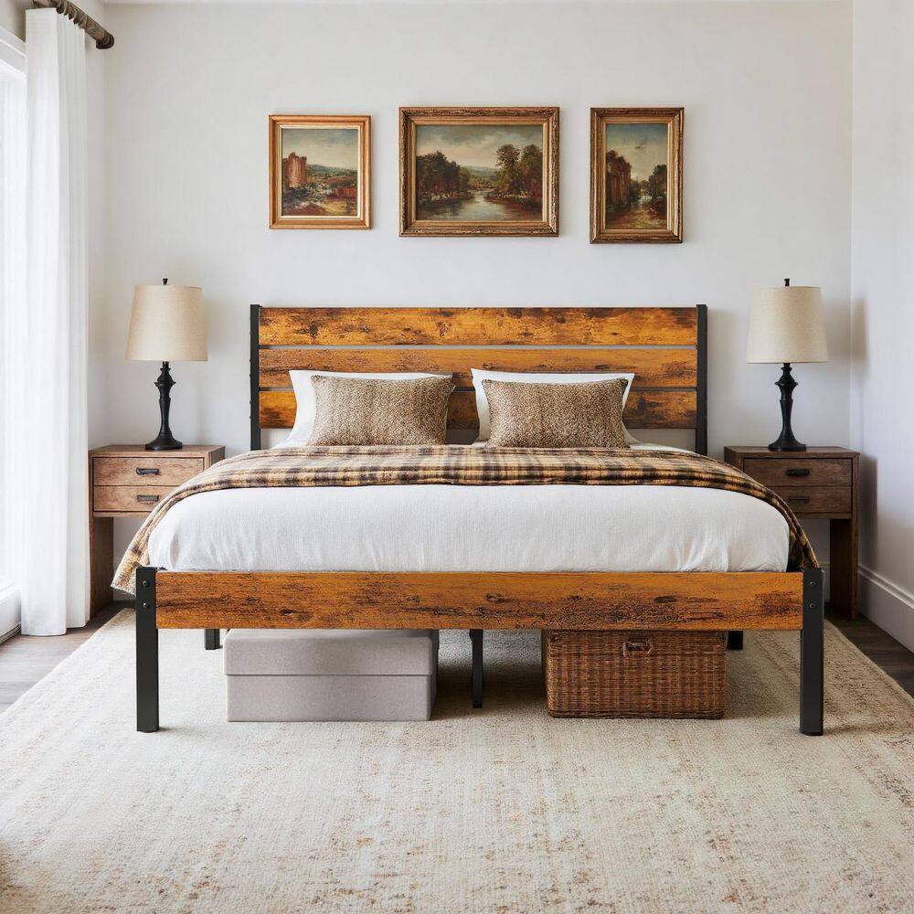Bed Panel Rust WONDER COMFORT Rust Brown Wood Frame Full Size Platform Bed Frame with ...
