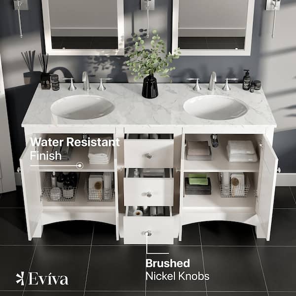 Eviva New Jersey 60 in. W x 22 in. D x 34 in. H Freestanding Double Sinks Bath Vanity in Gray with White Carrara Marble Top