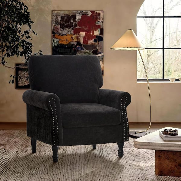 Hochwertiges Black Chenille Upholstered Wood Frame Accent Chair Armchair with Turned Legs and Tufted Rolled Armrests