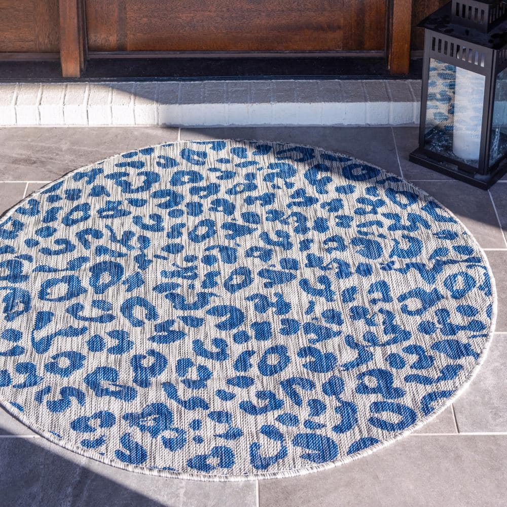 Round Blue Synthetic Outdoor Stain-Resistant Area Rug