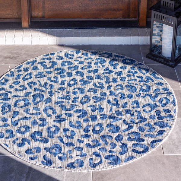 Azure Leopard Outdoor 4 ft. Round Area Rug