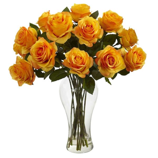 Nearly Natural Blooming Roses Artificial Arrangement with Vase in Orange Yellow
