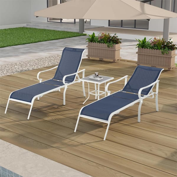 Unbranded 3-Piece Outdoor Metal Chaise Lounge with 5 Adjustable Backrest, Sturdy Steel Frame, for Yard, Balcony, Pool Chairs, Blue