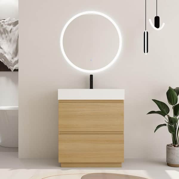 29.53 in. W x 18.11 in. D x 35.35 in. H Freestanding Bath Vanity in Light Brown with White Resin Vanity Top