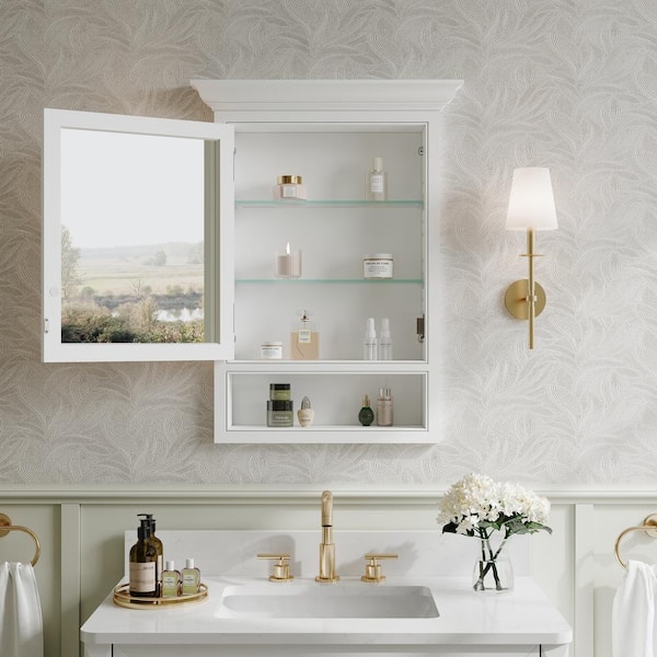WELLFOR 24 in. W x 32 in. H Rectangular Recessed Solid Wood Bathroom Medicine Cabinet with Mirror, Bi-view Glass Magnetic Door