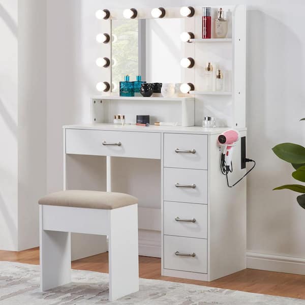 MSPYL 3-Piece Frosted White Makeup Vanity Set with Mirror, Tri-Color LED Lights, 5 Drawers, USB and Power Outlets