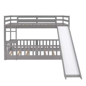Gray Twin Over Twin Multi-functional Bunk Beds with Slide and Ladder, Sturdy Wood Twin Kids Bunk Bed Frame with Saferail