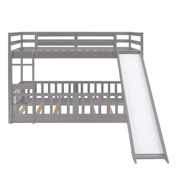 ANBAZAR Gray Twin Over Twin Multi-functional Bunk Beds with Slide and Ladder, Sturdy Wood Twin Kids Bunk Bed Frame with Saferail