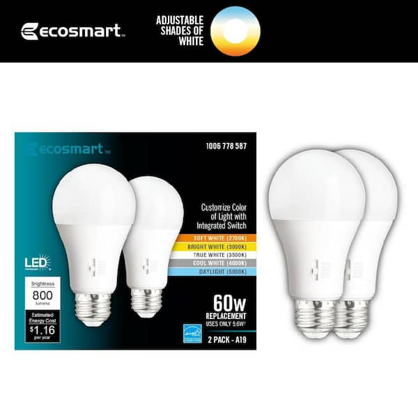 60-Watt Equivalent A19 Dimmable CEC LED Light Bulb with Selectable Color Temperature (2-Pack)