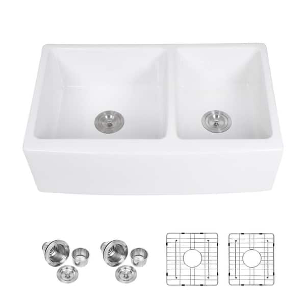 33 in. Farmhouse Apron Front Double Bowl (60/40) White Ceramic Kitchen Sink with Bottom Grids