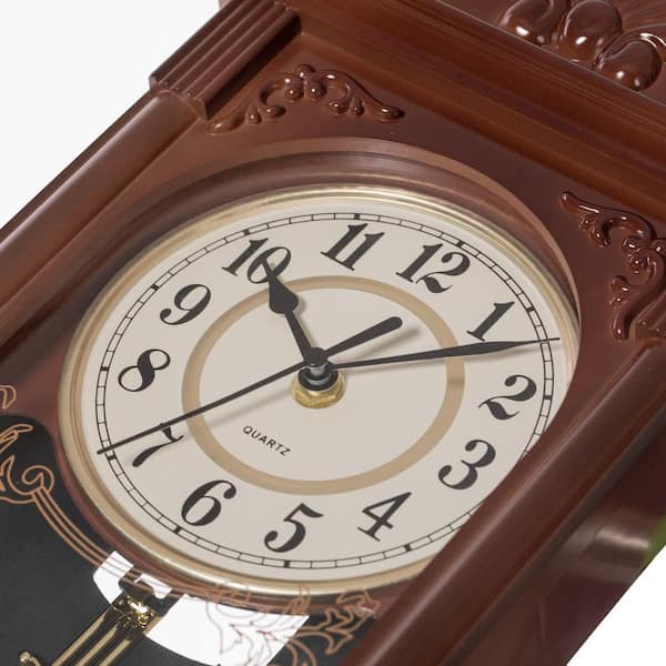 Traditional Brown Wood- Looking Pendulum Plastic Wall Clock for Living  Room, Kitchen, or Dining Room