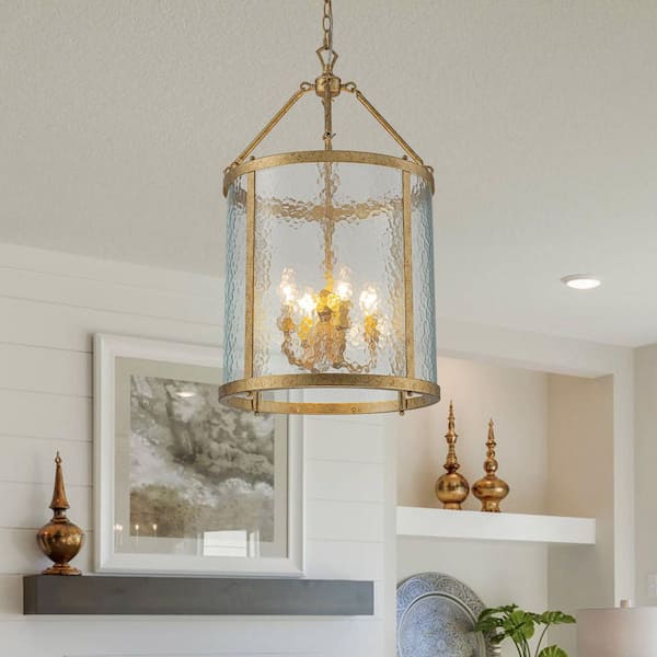 Ellison Industrial 4-Light Brass Lantern Geometric Chandelier with Water Grained Glass Shade