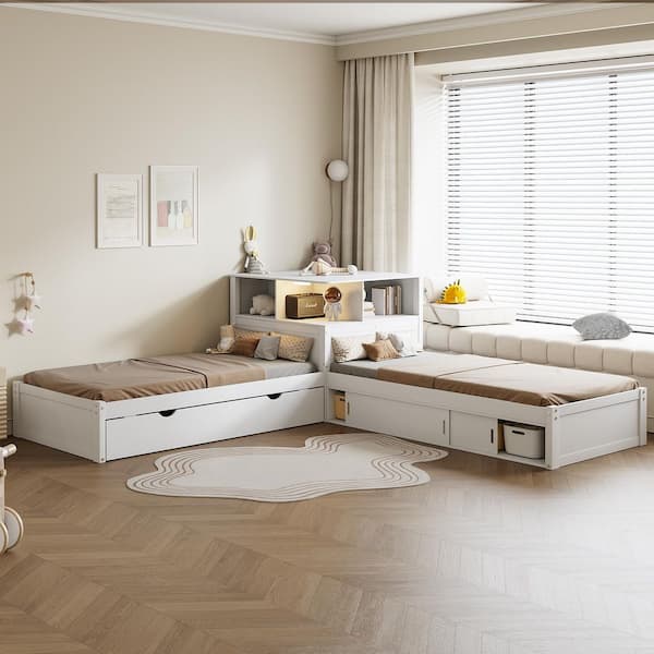 White Wood Frame Twin Size Platform Bed with Trundle, LED Light, Desk and Storage Cabinets