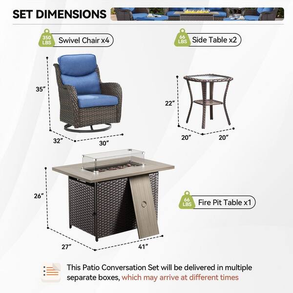 Luxury Brown Wicker Fire Pit Conversation Set with Olefin Blue Cushions and Patio Swivel Chairs/Side Tables (7-Piece)