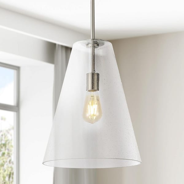 JONATHAN Y Arlo 11.5 in. 1-Light Nickel/Clear Mid-Century Modern Iron/Seeded Glass LED Lantern Pendant