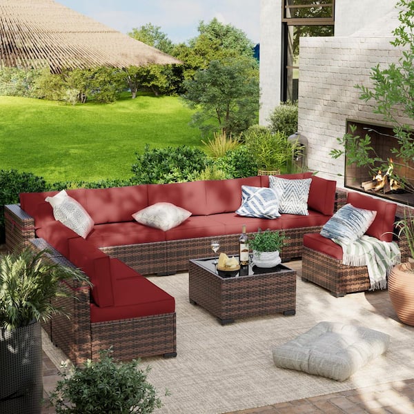 Brown 9-Piece Wicker Patio Conversation Sectional Seating Set with Burgundy Cushions