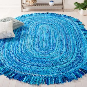 Braided Turquoise 6 ft. x 9 ft. Abstract Striped Oval Area Rug
